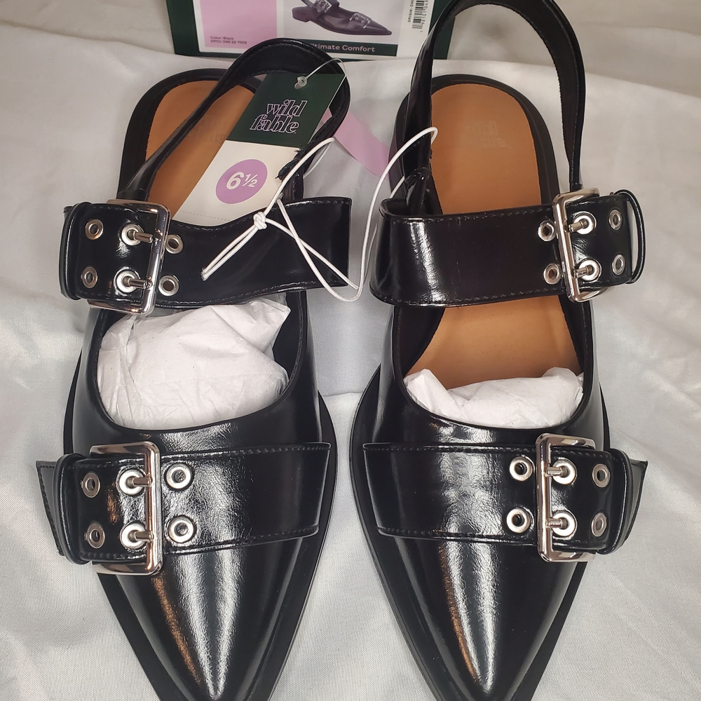 wild fable Black Patent Pointed Slingback Flats with Buckle Straps
